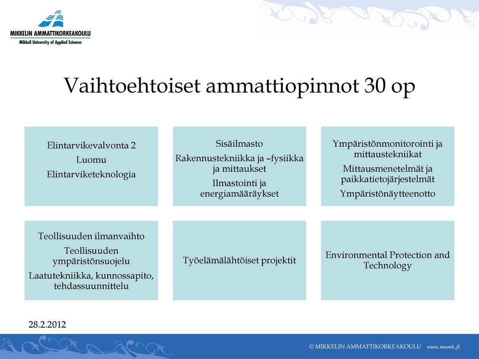 mittaustekniikat Mittausmenetelmät ja paikkatietojärjestelmät Ympäristönäytteenotto Teollisuuden ilmanvaihto