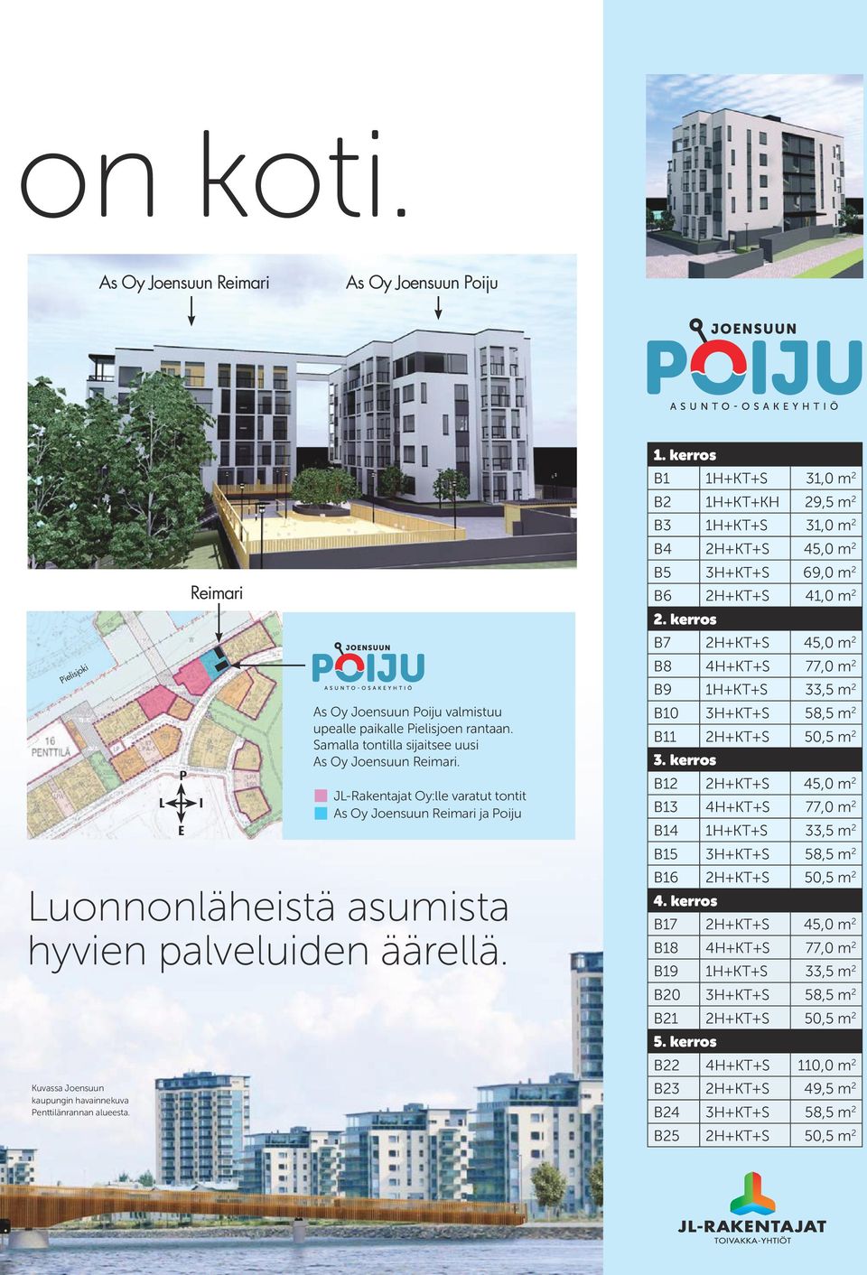 Kuvassa Joensuun kaupungin havainnekuva Penttilänrannan alueesta. 1. kerros B1 1 31,0 m 2 B2 1H+KT+KH 29,5 m 2 B3 1 31,0 m 2 B4 2 B5 3 69,0 m 2 B6 2 41,0 m 2 2.