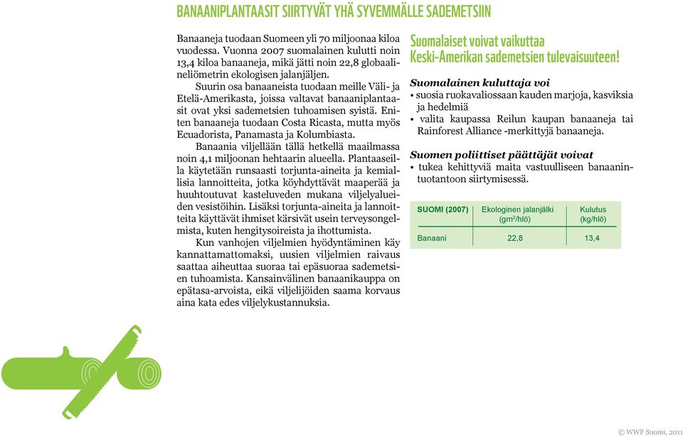 Suurin osa banaaneista tuodaan meille Väli- ja Etelä-Amerikasta, joissa valtavat banaaniplantaasit ovat yksi sademetsien tuhoamisen syistä.