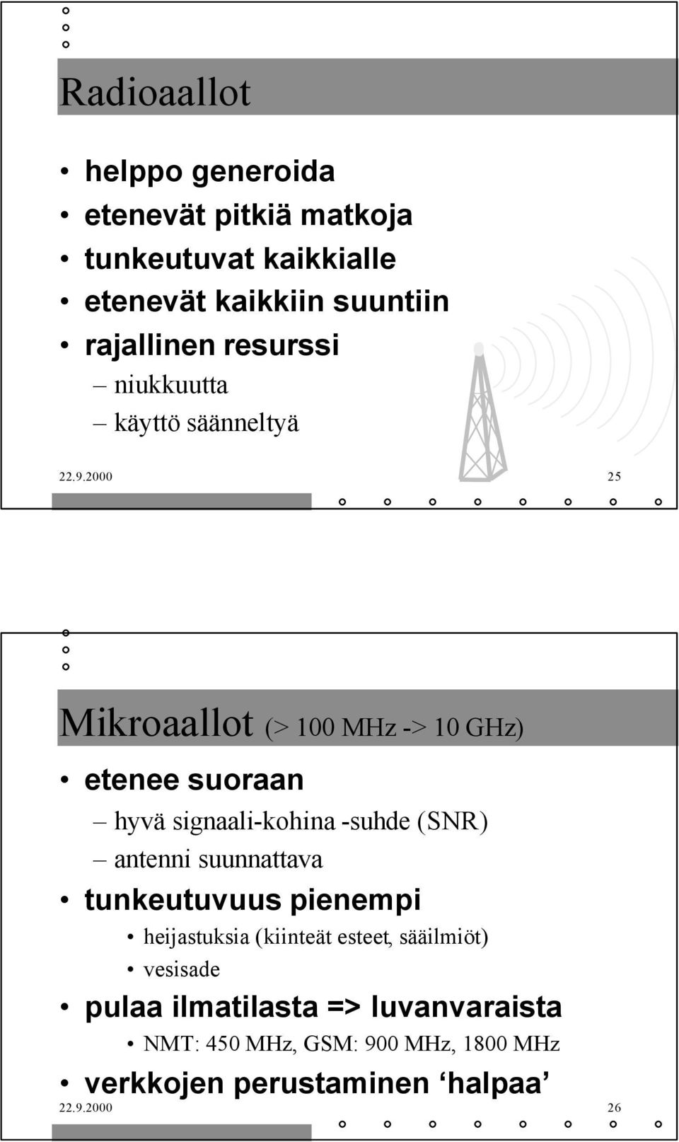 2000 25 Mikroaallot (> 100 MHz -> 10 GHz) etenee suoraan hyvä signaali-kohina -suhde (SNR) antenni suunnattava