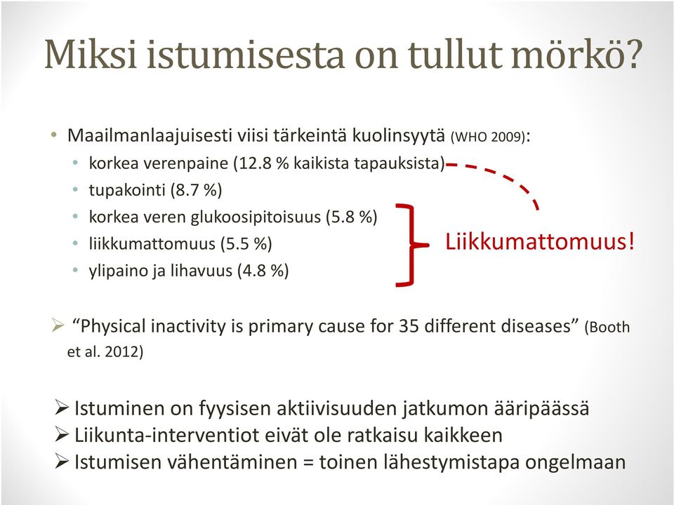 8%) Liikkumattomuus! Physical inactivity is primary cause for 35 different diseases (Booth et al.