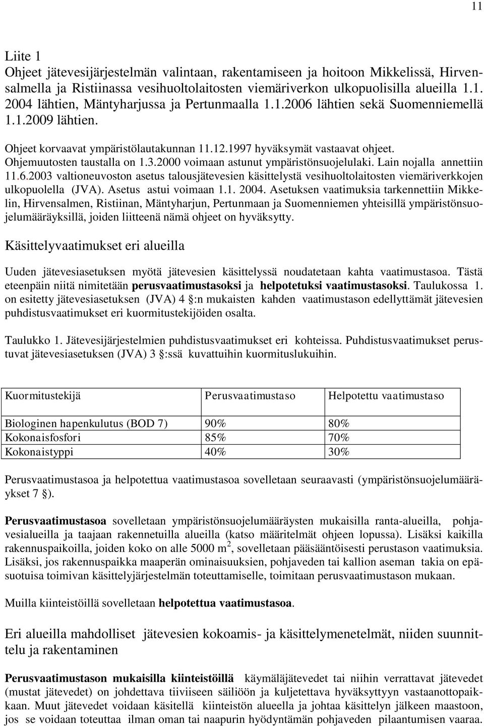 2000 voimaan astunut ympäristönsuojelulaki. Lain nojalla annettiin 11.6.2003 valtioneuvoston asetus talousjätevesien käsittelystä vesihuoltolaitosten viemäriverkkojen ulkopuolella (JVA).