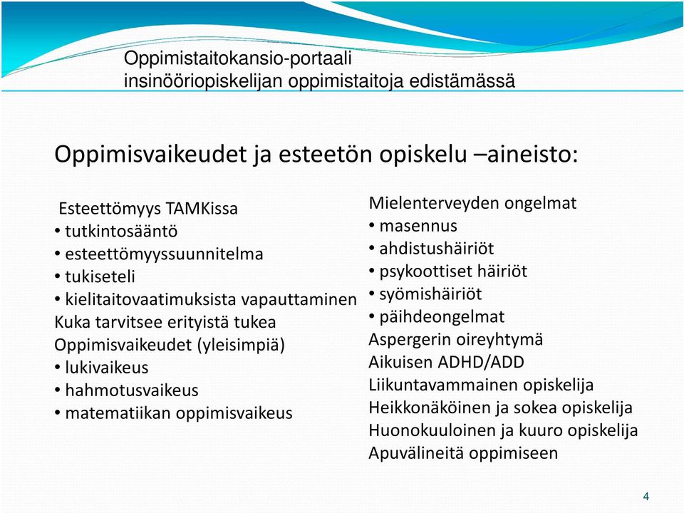 lukivaikeus hahmotusvaikeus matematiikan oppimisvaikeus Mielenterveyden ongelmat masennus ahdistushäiriöt psykoottiset häiriöt syömishäiriöt