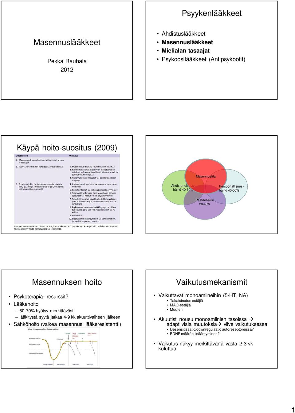 Lääkehoito 60-70% hyötyy merkittävästi lääkitystä syytä jatkaa 4-9 kk akuuttivaiheen jälkeen Sähköhoito (vaikea masennus, lääkeresistentti) Vaikutusmekanismit Vaikuttavat monoamiineihin