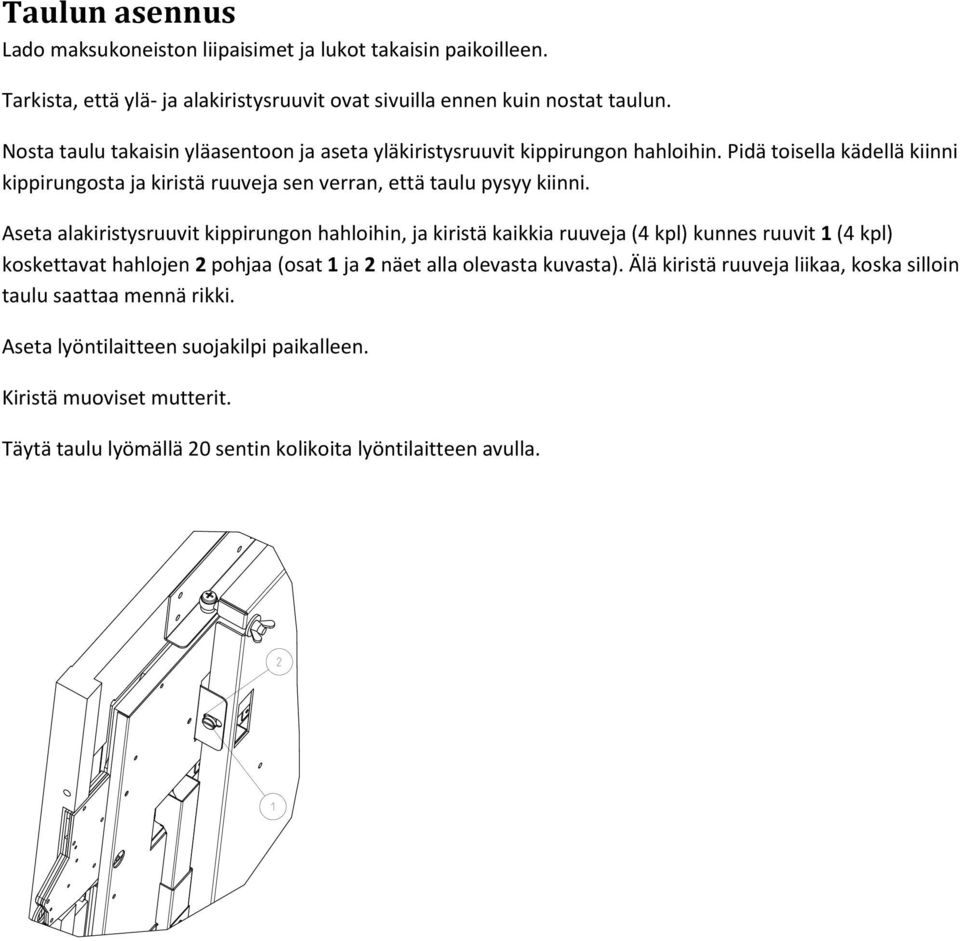 Aseta alakiristysruuvit kippirungon hahloihin, ja kiristä kaikkia ruuveja (4 kpl) kunnes ruuvit 1 (4 kpl) koskettavat hahlojen 2 pohjaa (osat 1 ja 2 näet alla olevasta kuvasta).