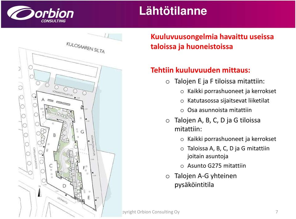 o Talojen A, B, C, D ja G tiloissa mitattiin: o Kaikki porrashuoneet ja kerrokset o Taloissa A, B, C, D ja G mitattiin