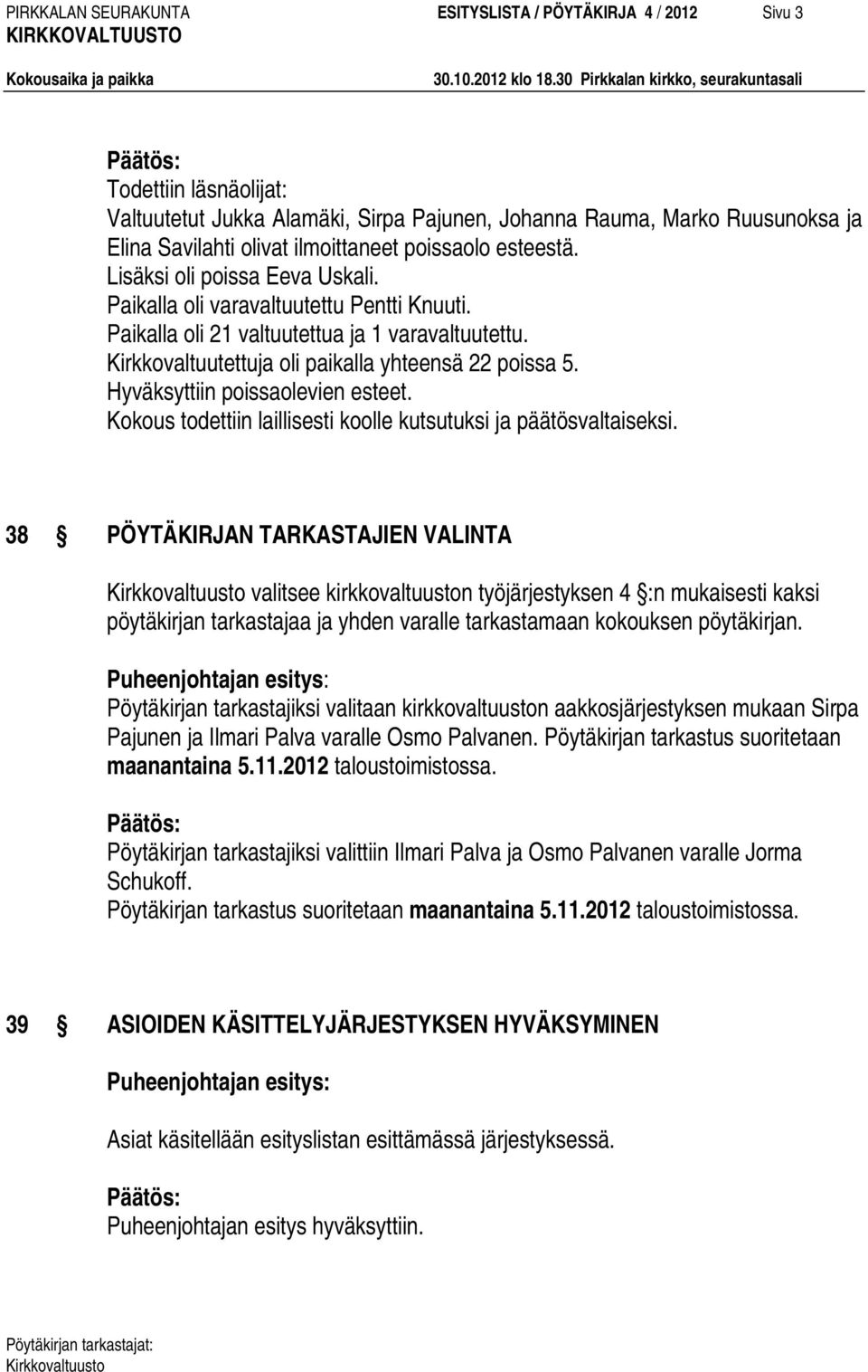 Kirkkovaltuutettuja oli paikalla yhteensä 22 poissa 5. Hyväksyttiin poissaolevien esteet. Kokous todettiin laillisesti koolle kutsutuksi ja päätösvaltaiseksi.