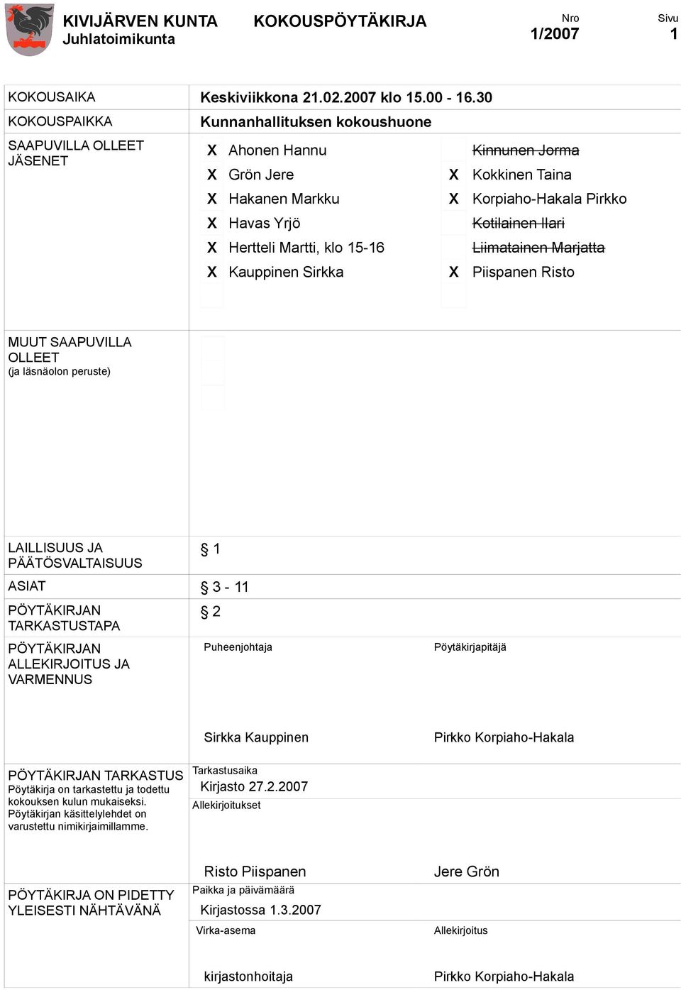 Ilari X Hertteli Martti, klo 15-16 Liimatainen Marjatta X Kauppinen Sirkka X Piispanen Risto MUUT SAAPUVILLA OLLEET (ja läsnäolon peruste) LAILLISUUS JA PÄÄTÖSVALTAISUUS 1 ASIAT 3-11 PÖYTÄKIRJAN