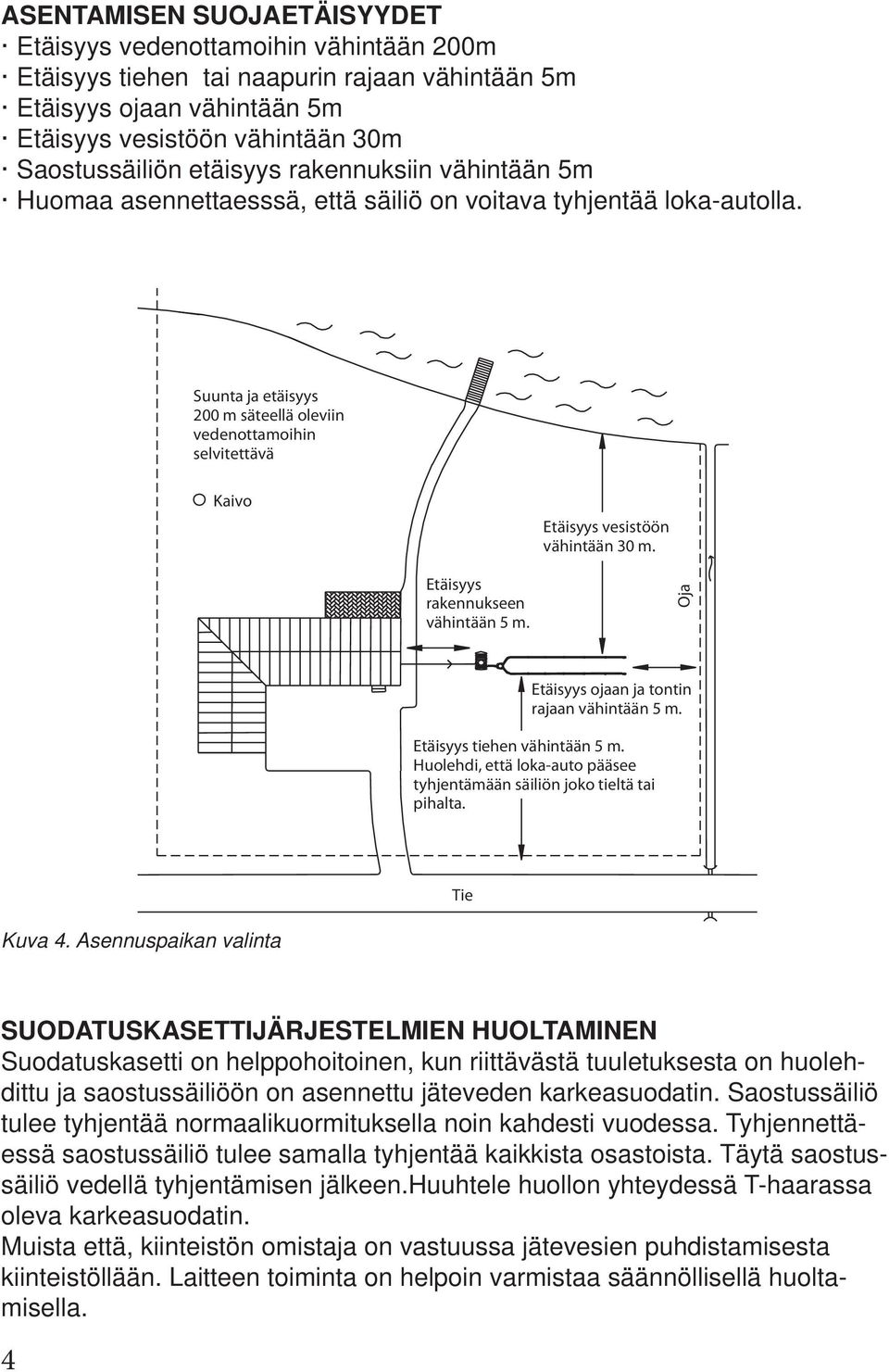 Suunta ja etäisyys 200 m säteellä oleviin vedenottamoihin selvitettävä Kaivo Etäisyys vesistöön vähintään 30 m. Etäisyys rakennukseen vähintään 5 m. Oja Etäisyys ojaan ja tontin rajaan vähintään 5 m.