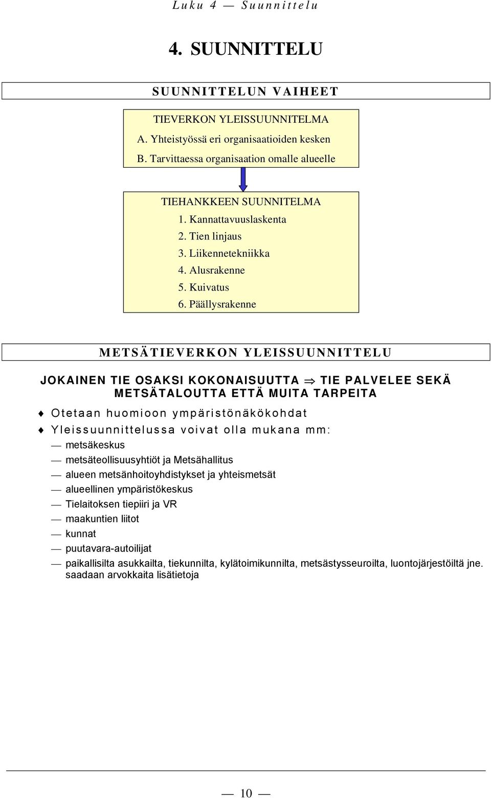 Päällysrakenne METSÄTIEVERKON YLEISSUUNNITTELU JOKAINEN TIE OSAKSI KOKONAISUUTTA TIE PALVELEE SEKÄ METSÄTALOUTTA ETTÄ MUITA TARPEITA Otetaan huomioon ympäristönäkökohdat Yleissuunnittelussa voivat