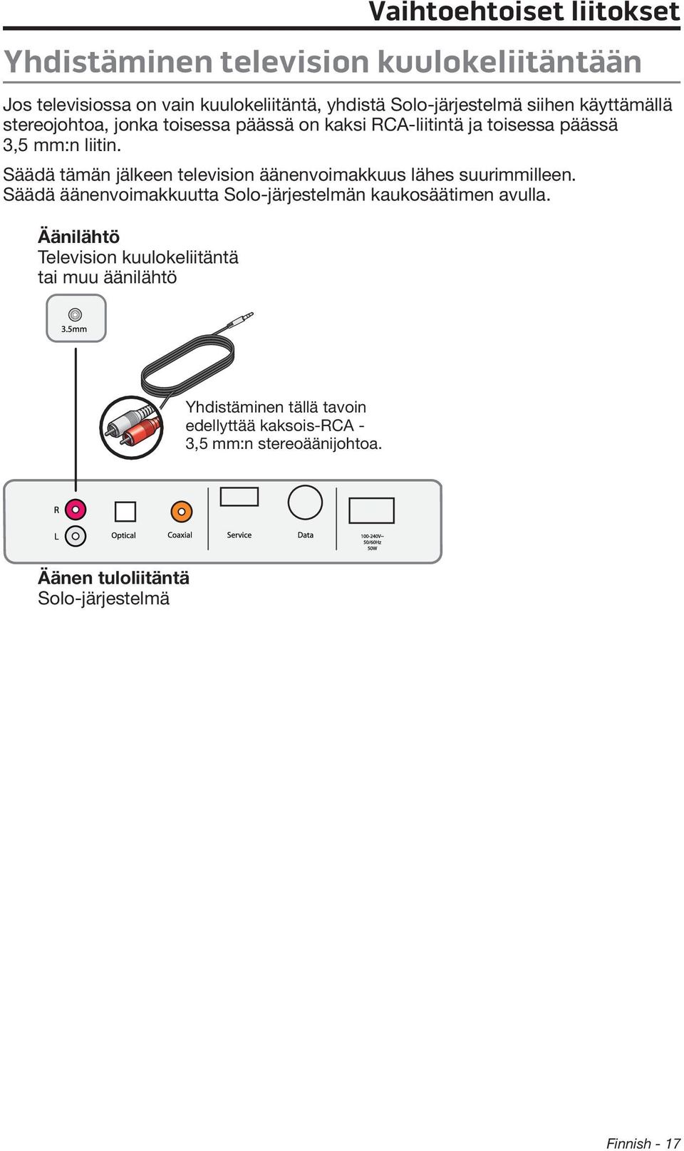 Säädä tämän jälkeen television äänenvoimakkuus lähes suurimmilleen. Säädä äänenvoimakkuutta Solo-järjestelmän kaukosäätimen avulla.