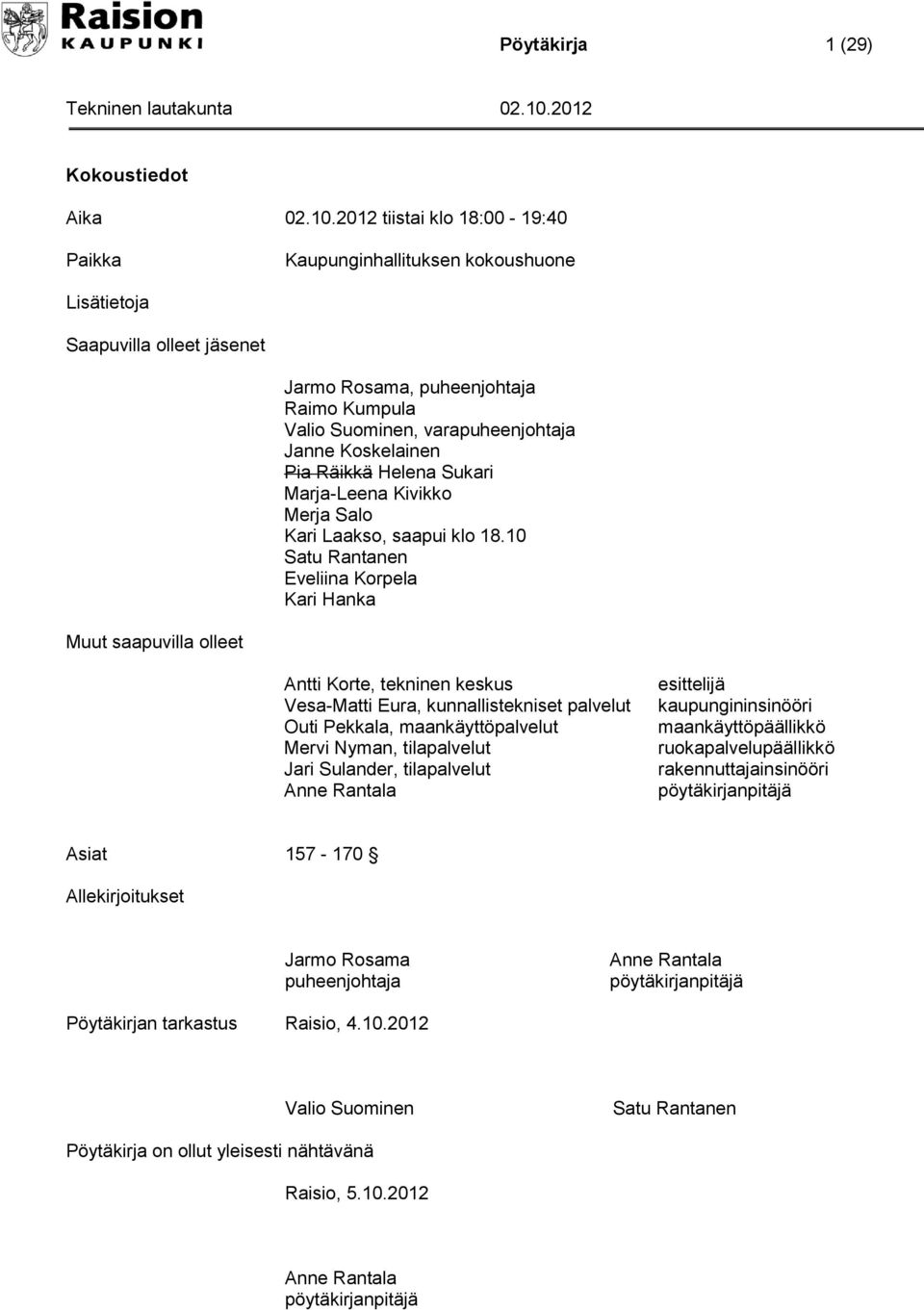 Koskelainen Pia Räikkä Helena Sukari Marja-Leena Kivikko Merja Salo Kari Laakso, saapui klo 18.