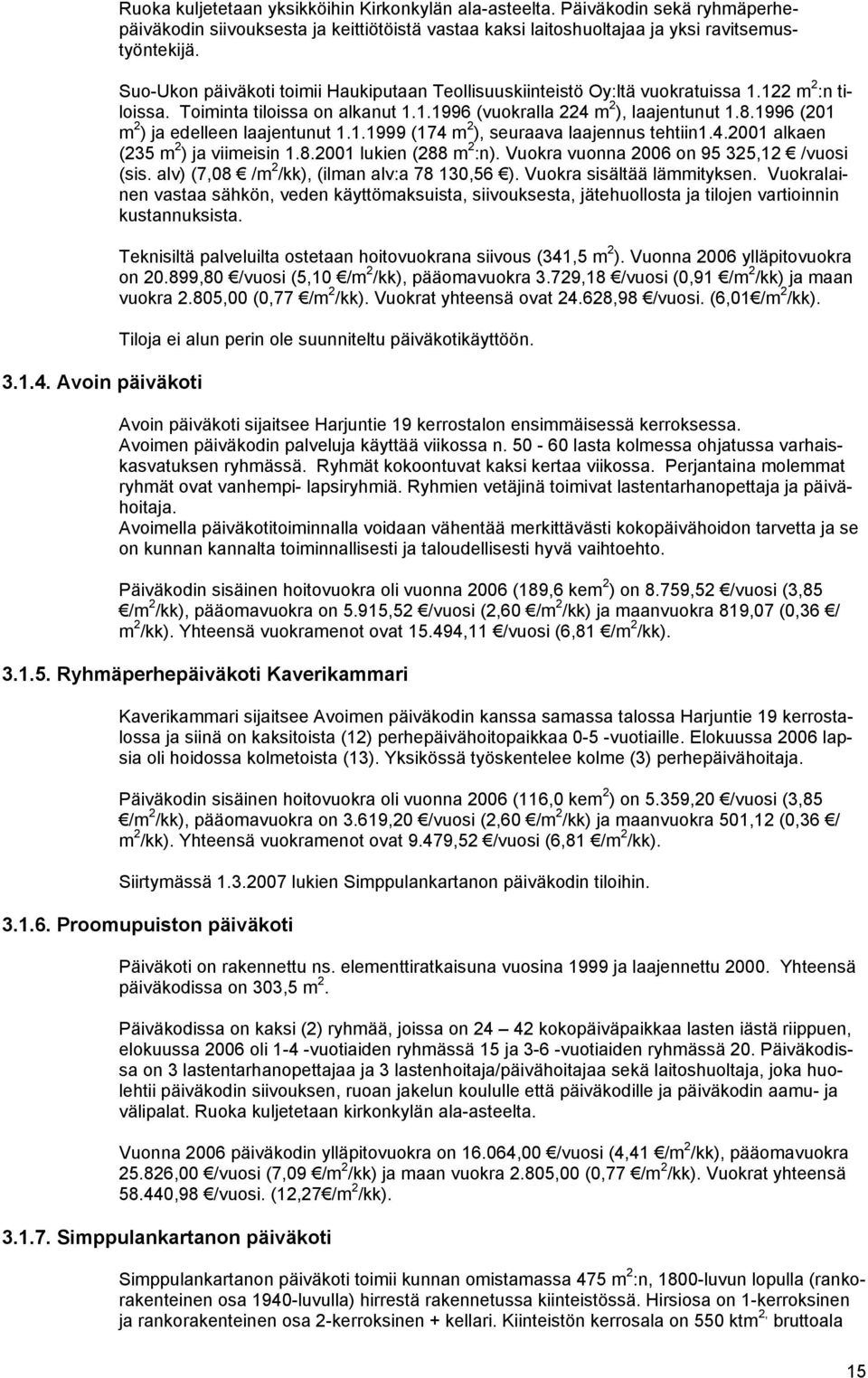 Suo-Ukon päiväkoti toimii Haukiputaan Teollisuuskiinteistö Oy:ltä vuokratuissa 1.122 m 2 :n tiloissa. Toiminta tiloissa on alkanut 1.1.1996 (vuokralla 224 m 2 ), laajentunut 1.8.