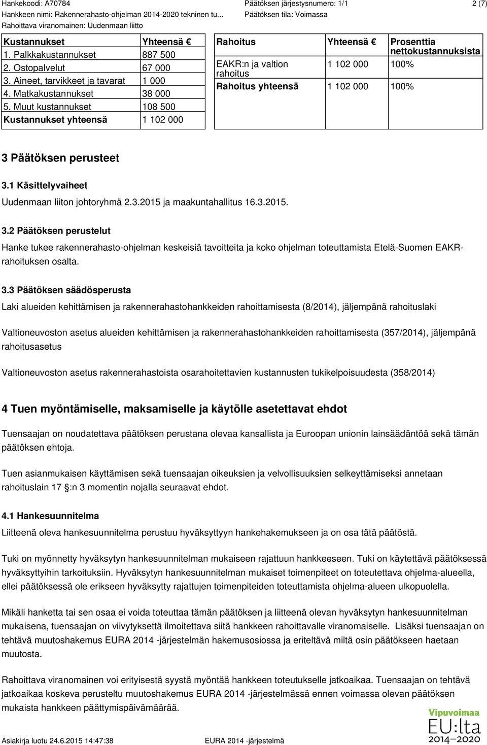 Muut kustannukset 108 500 Kustannukset yhteensä 1 102 000 Päätöksen tila: Voimassa Rahoitus Yhteensä Prosenttia nettokustannuksista EAKR:n ja valtion 1 102 000 100% rahoitus Rahoitus yhteensä 1 102