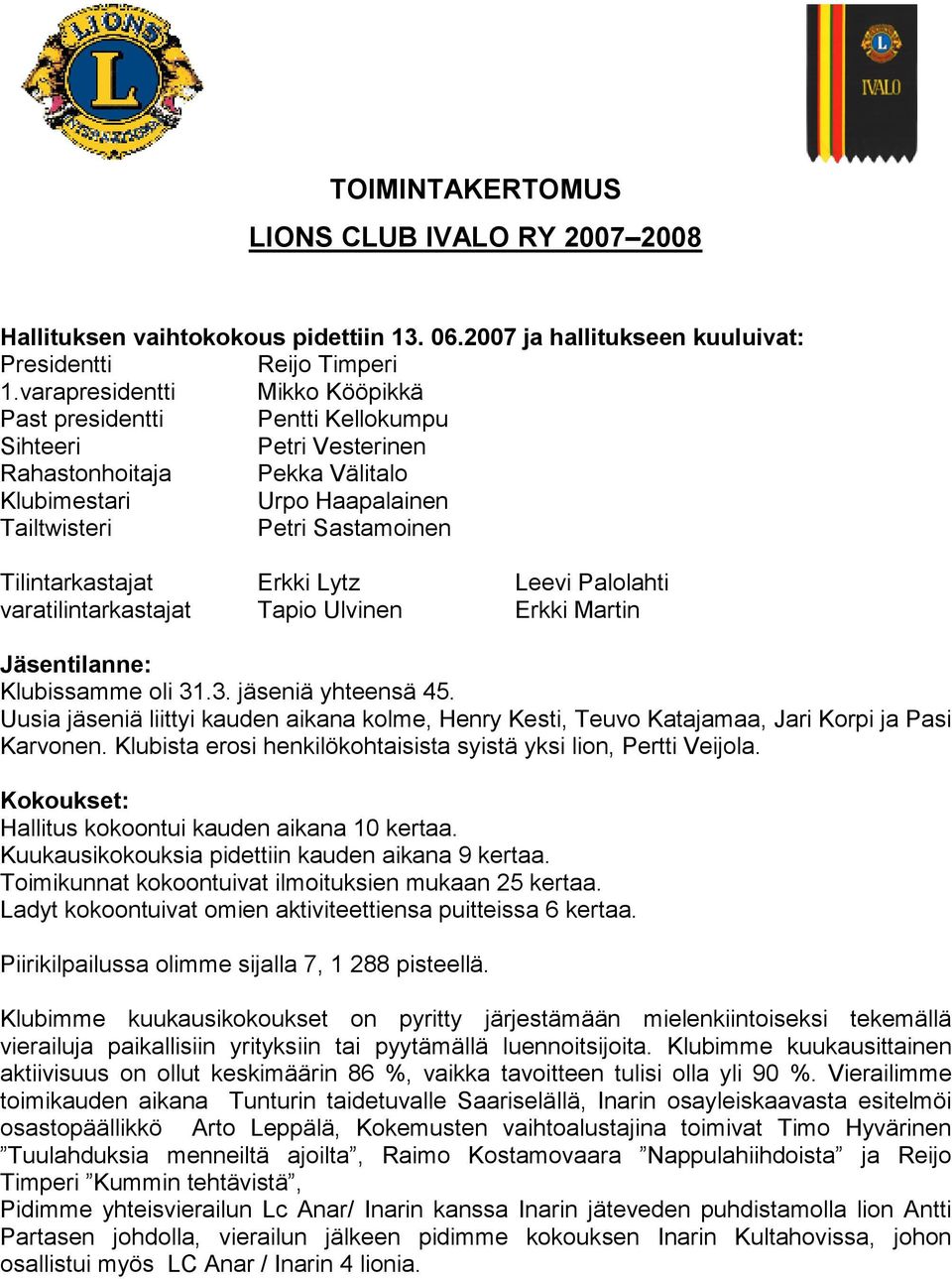 Tilintarkastajat Erkki Lytz Leevi Palolahti varatilintarkastajat Tapio Ulvinen Erkki Martin Jäsentilanne: Klubissamme oli 31.3. jäseniä yhteensä 45.