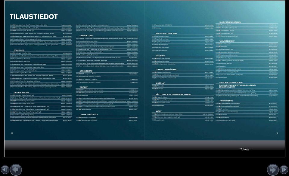 älyavainpaikkaa KE00-H007OR () Kattoteippi KE7-H00 (8) Lokasuojat ( kpl), etu ja taka KE788-H080 (7) Tavaratilan suojalista, Black Purple KE79-HA0BP (88) Trend-paketti, Orange Racing: sisäosat,