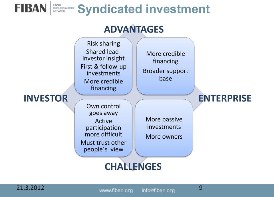 participation more difficult Must trust other people s view More credible financing