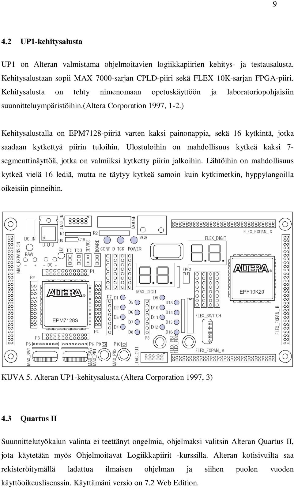 ) Kehitysalustalla on EPM7128-piiriä varten kaksi painonappia, sekä 16 kytkintä, jotka saadaan kytkettyä piirin tuloihin.