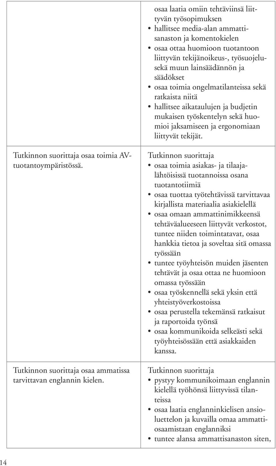 osaa toimia AVtuotantoympäristössä. osaa ammatissa tarvittavan englannin kielen.