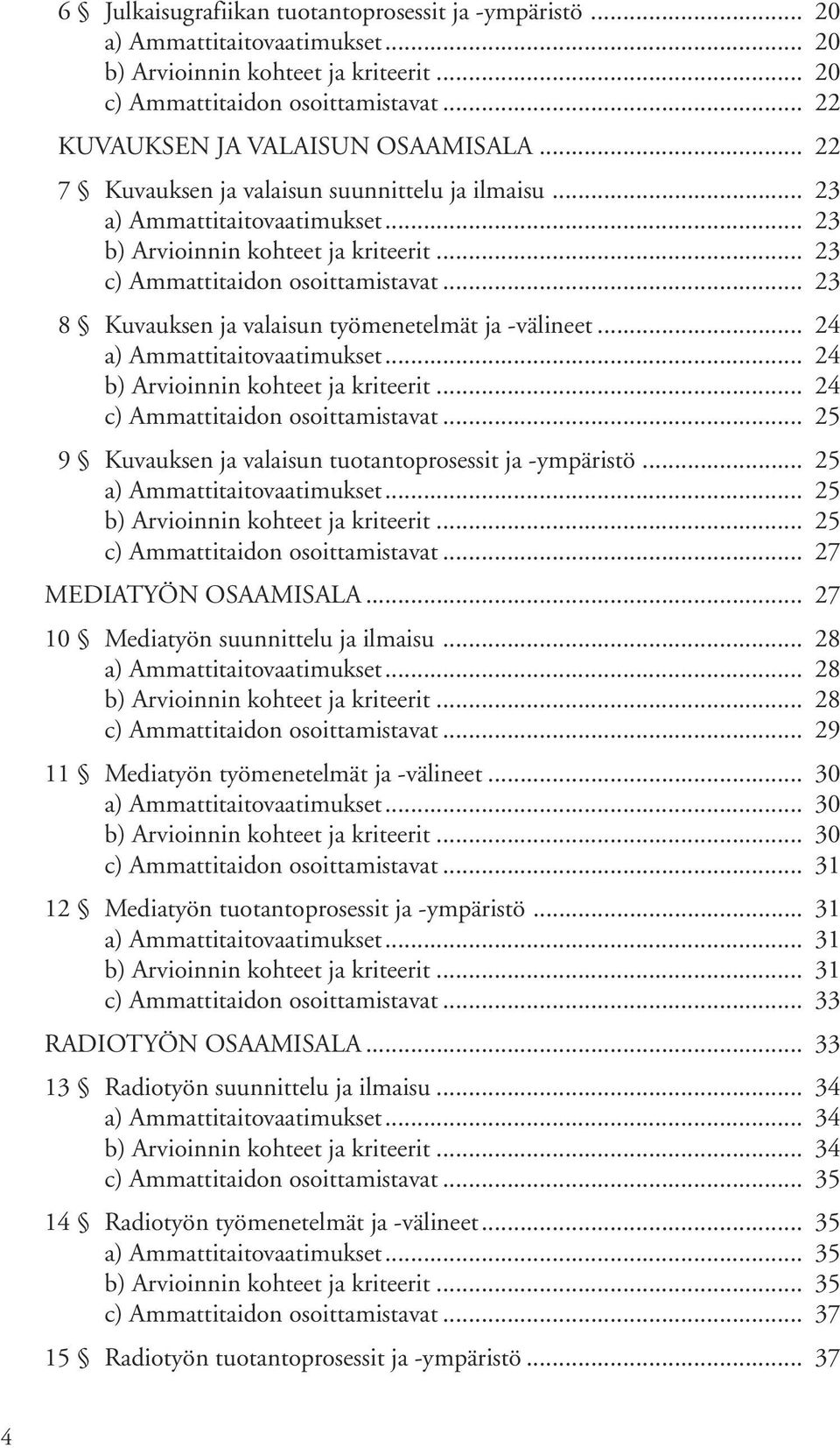 .. 23 c) Ammattitaidon osoittamistavat... 23 8 Kuvauksen ja valaisun työmenetelmät ja -välineet... 24 a) Ammattitaitovaatimukset... 24 b) Arvioinnin kohteet ja kriteerit.