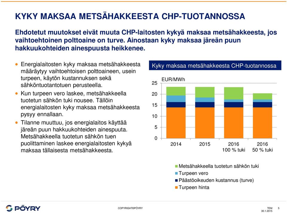 Energialaitosten kyky maksaa metsähakkeesta määräytyy vaihtoehtoisen polttoaineen, usein turpeen, käytön kustannuksen sekä sähköntuotantotuen perusteella.