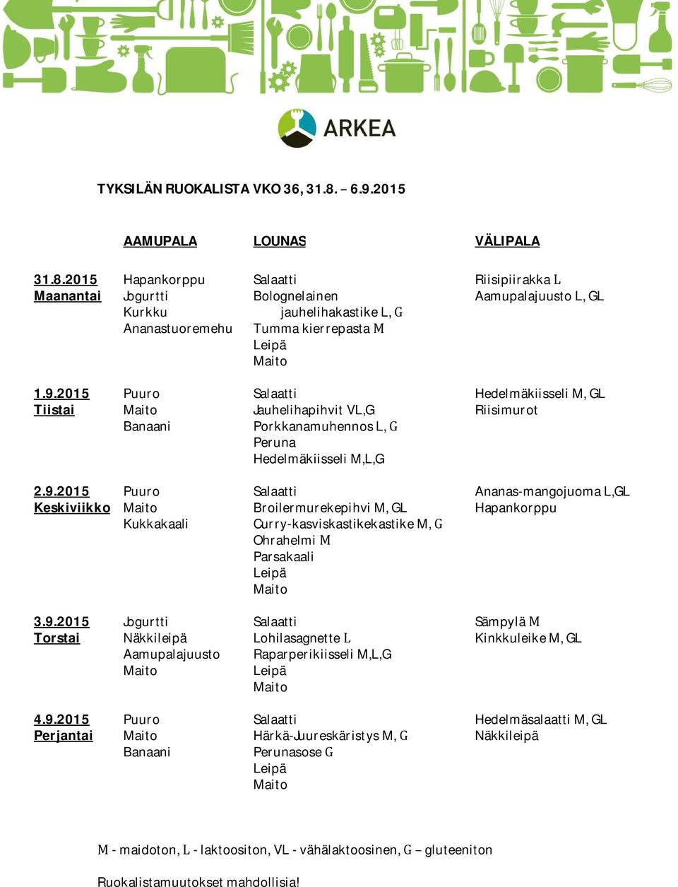 9.2015 Torstai Jogurtti Näkkileipä Aamupalajuusto Maito Salaatti Lohilasagnette RaparperikiisseliM,L,G Maito Sämpylä KinkkuleikeM,GL 4.9.2015 Perjantai Puuro Maito Banaani Salaatti Härkä-JuureskäristysM, Perunasose Maito HedelmäsalaattiM,GL Näkkileipä