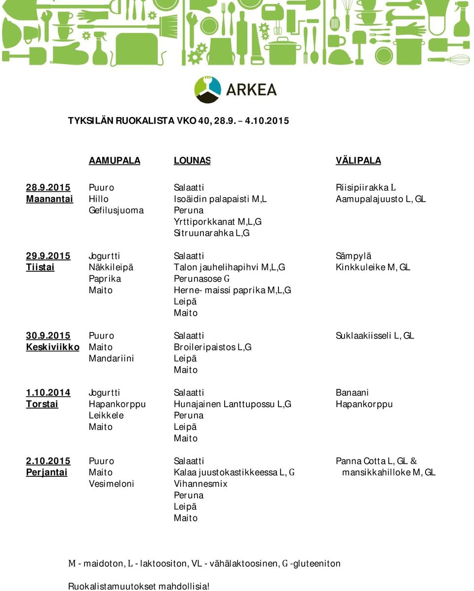 10.2014 Torstai Jogurtti Hapankorppu Leikkele Maito Salaatti HunajainenLanttupossuL,G Peruna Maito Banaani Hapankorppu 2.10.2015 Perjantai Puuro Maito Vesimeloni Salaatti KalaajuustokastikkeessaL, Vihannesmix Peruna Maito PannaCottaL,GL mansikkahillokem,gl