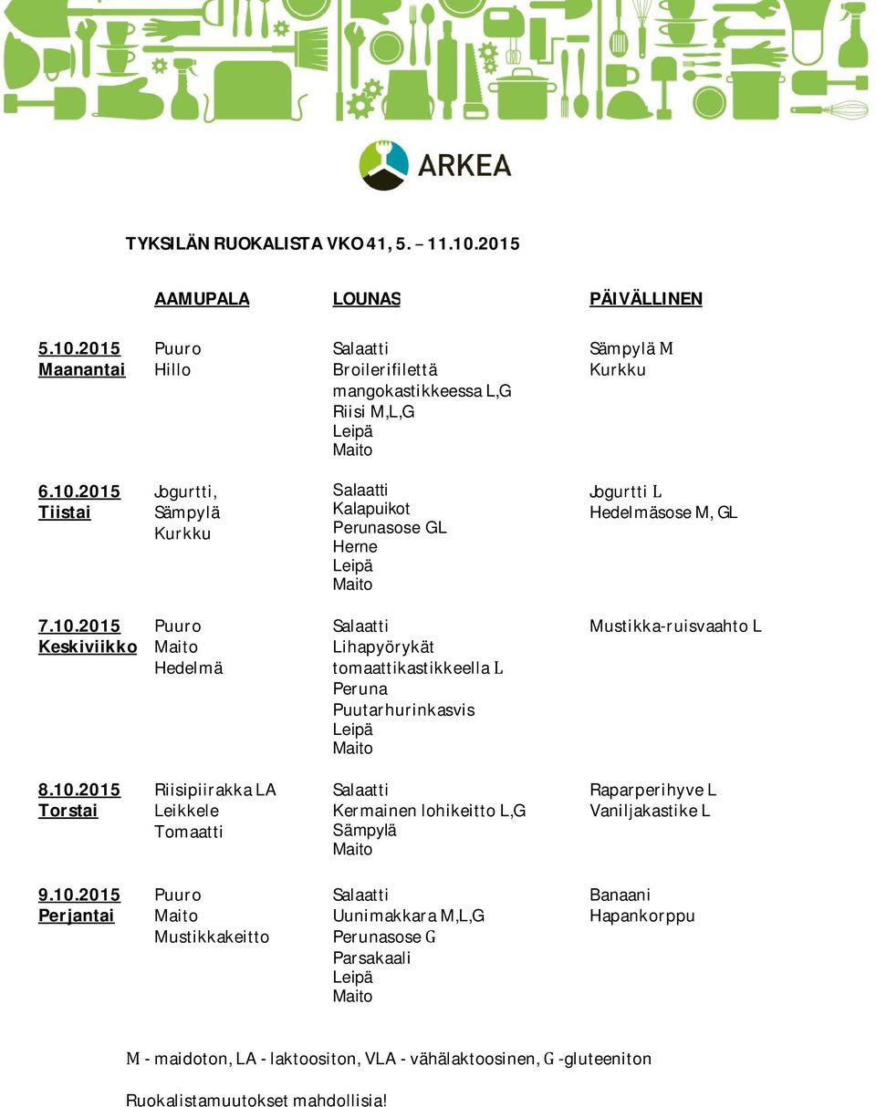 10.2015 Torstai RiisipiirakkaLA Leikkele Tomaatti Salaatti KermainenlohikeittoL,G Sämpylä Maito RaparperihyveL VaniljakastikeL 9.10.2015 Perjantai Puuro Maito Mustikkakeitto Salaatti UunimakkaraM,L,G Perunasose Parsakaali Maito Banaani Hapankorppu