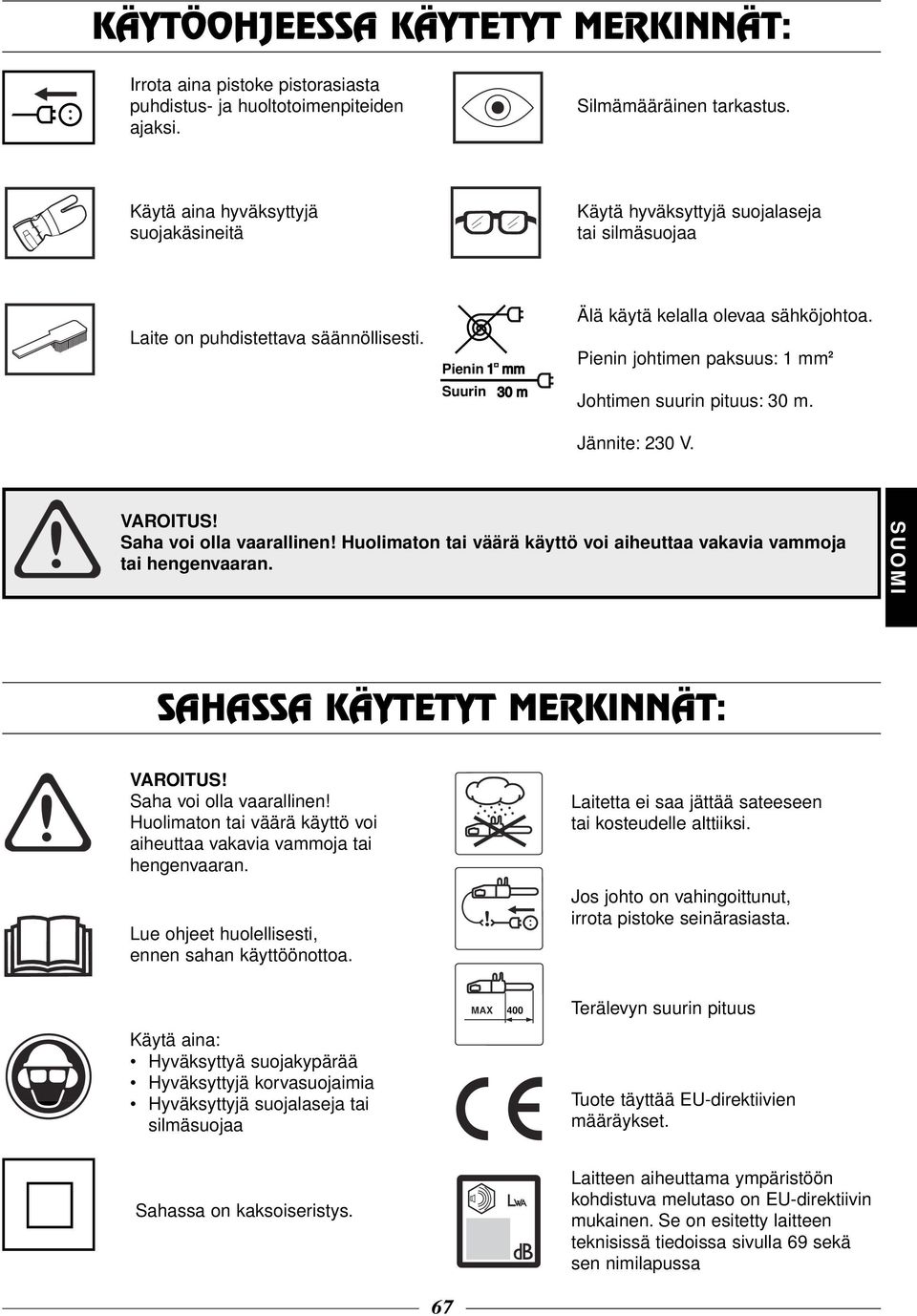Pienin johtimen paksuus: 1 mm 2 Johtimen suurin pituus: 30 m. Jännite: 230 V. Saha voi olla vaarallinen! Huolimaton tai väärä käyttö voi aiheuttaa vakavia vammoja tai hengenvaaran.