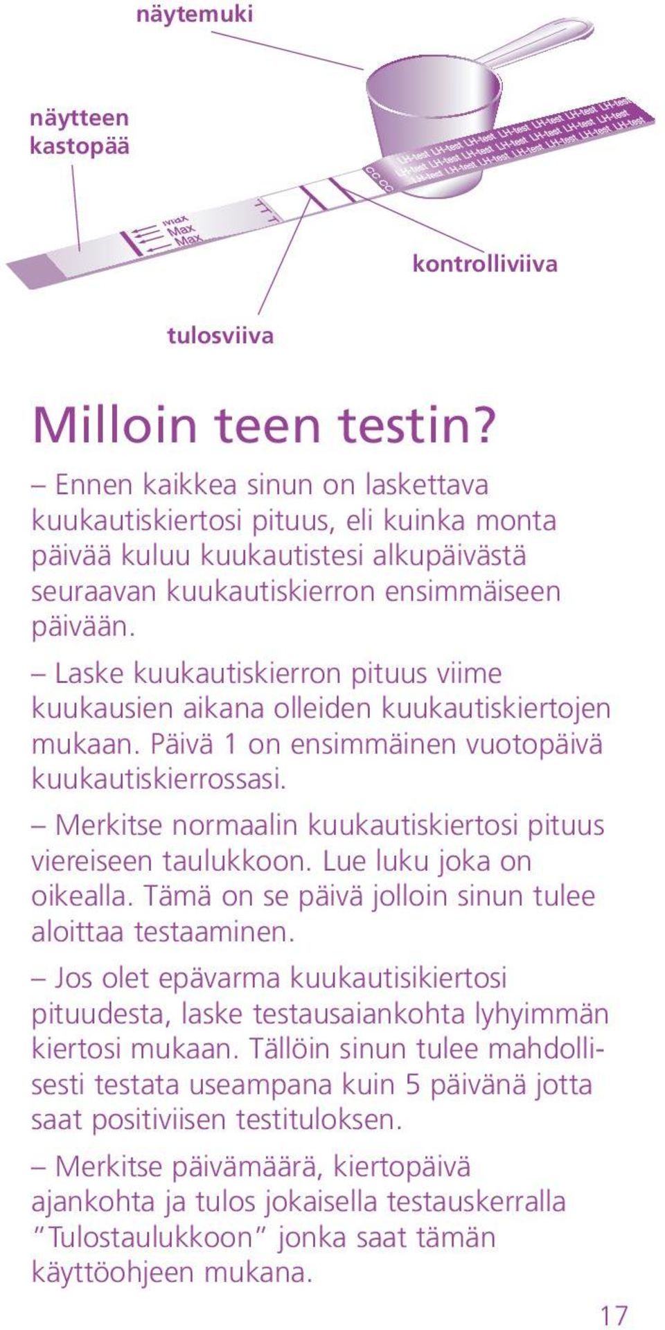 Laske kuukautiskierron pituus viime kuukausien aikana olleiden kuukautiskiertojen mukaan. Päivä 1 on ensimmäinen vuotopäivä kuukautiskierrossasi.