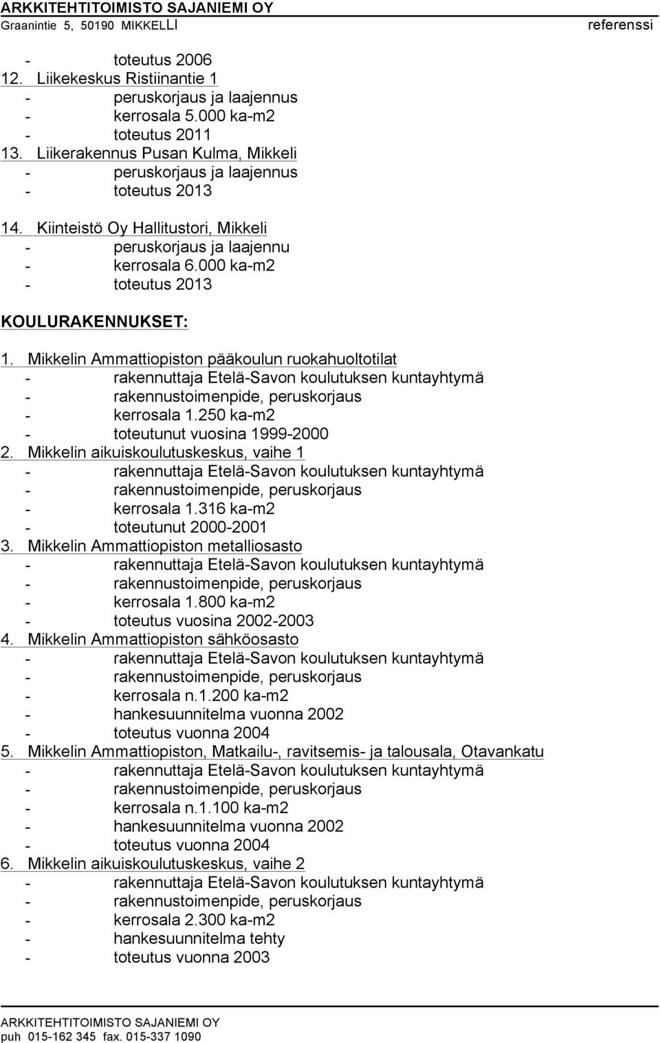 000 ka-m2 - toteutus 2013 KOULURAKENNUKSET: 1. Mikkelin Ammattiopiston pääkoulun ruokahuoltotilat - kerrosala 1.250 ka-m2 - toteutunut vuosina 1999-2000 2.