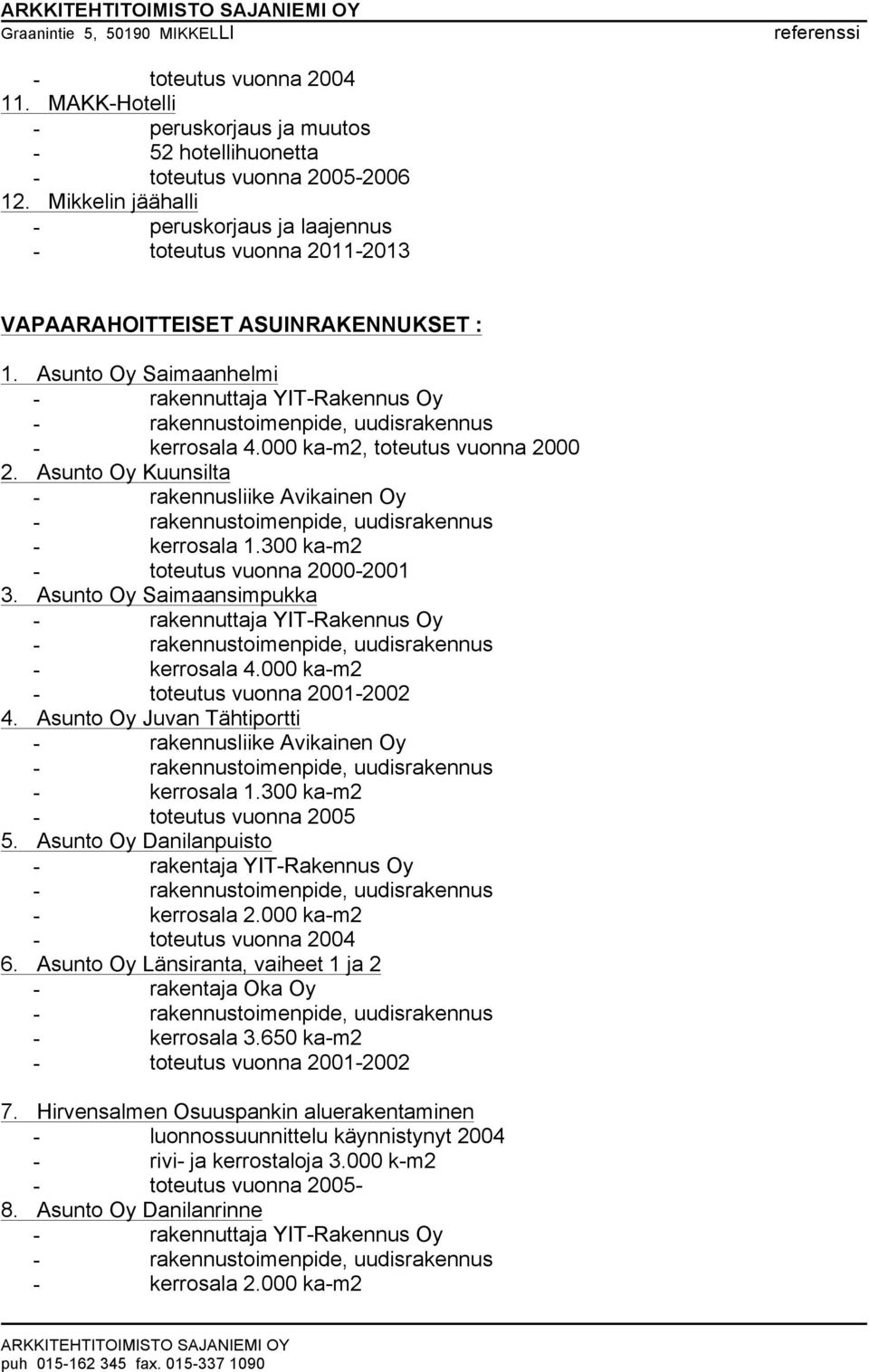 Asunto Oy Saimaansimpukka - kerrosala 4.000 ka-m2 - toteutus vuonna 2001-2002 4. Asunto Oy Juvan Tähtiportti - rakennusliike Avikainen Oy - kerrosala 1.300 ka-m2 - toteutus vuonna 2005 5.