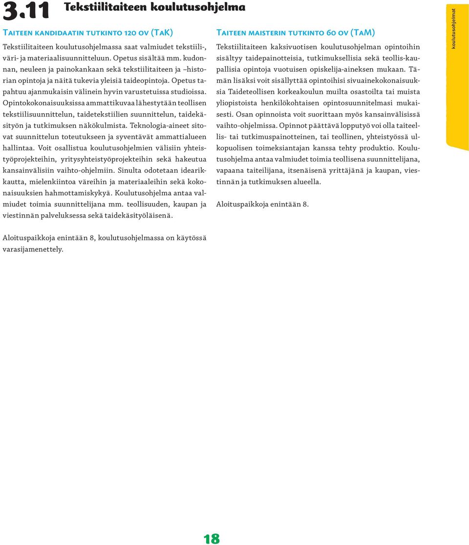 Opintokokonaisuuksissa ammattikuvaa lähestytään teollisen tekstiilisuunnittelun, taidetekstiilien suunnittelun, taidekäsityön ja tutkimuksen näkökulmista.