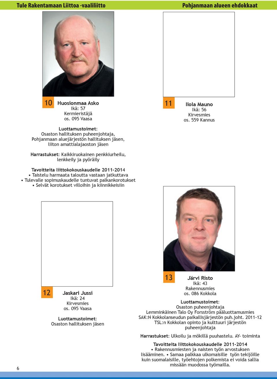 harmaata taloutta vastaan jatkuttava Tulevalle sopimuskaudelle tuntuvat palkankorotukset Selvät korotukset villoihin ja kiinnikkeisiin 11 Ilola Mauno Ikä: 56 os.