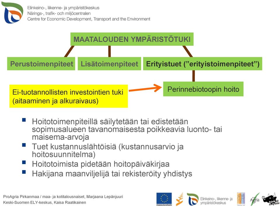 luonto- tai maisema-arvoja Tuet kustannuslähtöisiä (kustannusarvio ja hoitosuunnitelma) Hoitotoimista pidetään hoitopäiväkirjaa Hakijana