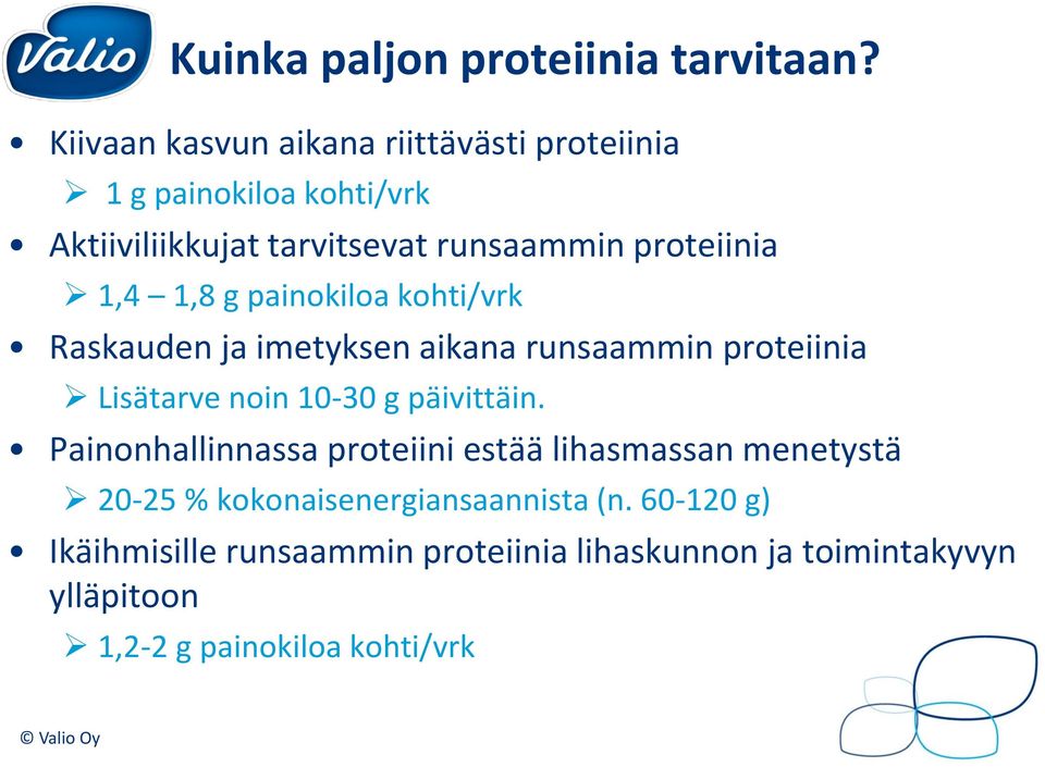 1,4 1,8 g painokiloa kohti/vrk Raskauden ja imetyksen aikana runsaammin proteiinia Lisätarve noin 10-30 g päivittäin.