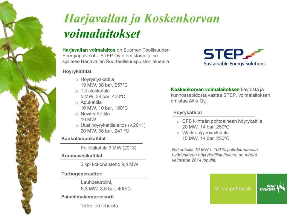 2011) 20 MW, 38 bar, 247 ºC Kaukolämpökattilat Pellettikattila 3 MW (2013) Kuumavesikattilat 3 kpl kokonaisteho 9,4 MW Turbogeneraattori Lauhdeturbiini, 6,3 MW, 3,8 bar, 400ºC Paineilmakompressorit