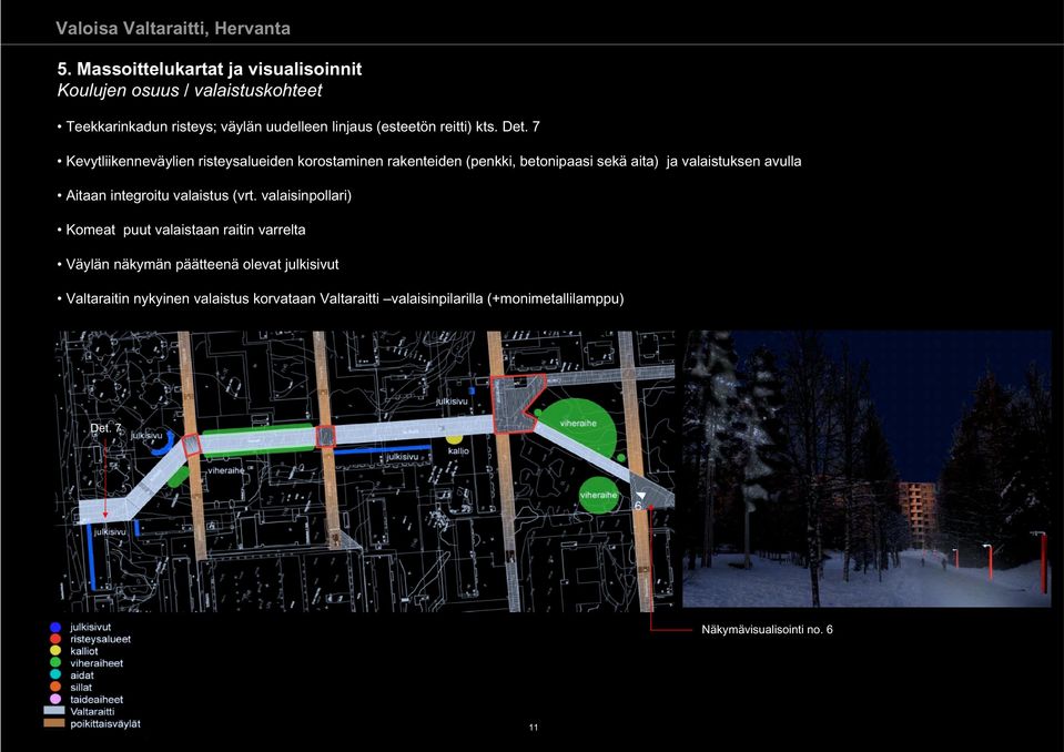 7 Kevytliikenneväylien risteysalueiden korostaminen rakenteiden (penkki, betonipaasi sekä aita) ja valaistuksen avulla Aitaan