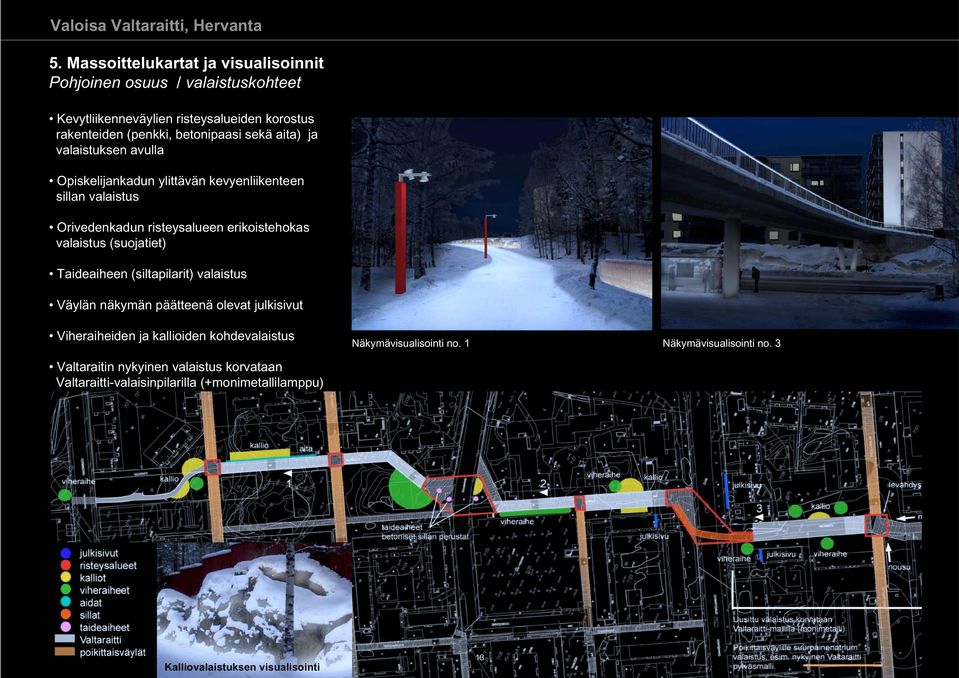 (suojatiet) Taideaiheen (siltapilarit) valaistus Väylän näkymän päätteenä olevat julkisivut Viheraiheiden ja kallioiden kohdevalaistus Valtaraitin