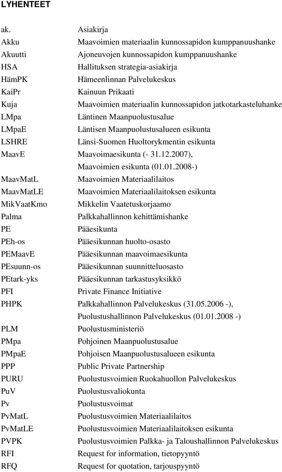 Kainuun Prikaati Kuja Maavoimien materiaalin kunnossapidon jatkotarkasteluhanke LMpa Läntinen Maanpuolustusalue LMpaE Läntisen Maanpuolustusalueen esikunta LSHRE Länsi-Suomen Huoltorykmentin esikunta