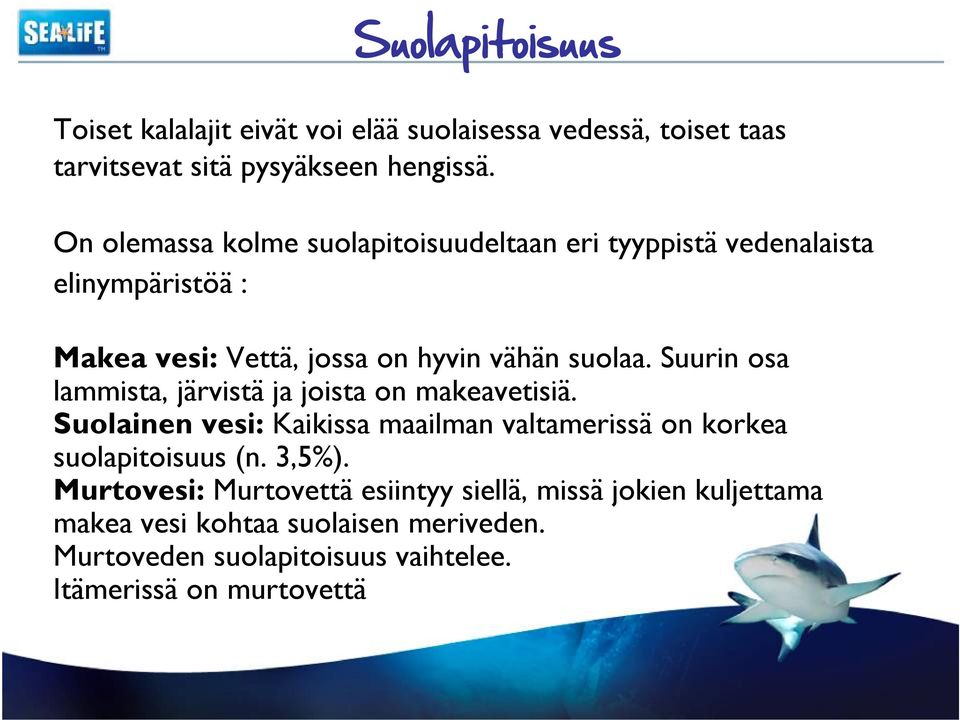 Suurin osa lammista, järvistä ja joista on makeavetisiä. Suolainen vesi: Kaikissa maailman valtamerissä on korkea suolapitoisuus (n.
