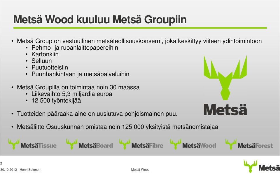 metsäpalveluihin Metsä Groupilla on toimintaa noin 30 maassa Liikevaihto 5,3 miljardia euroa 12 500