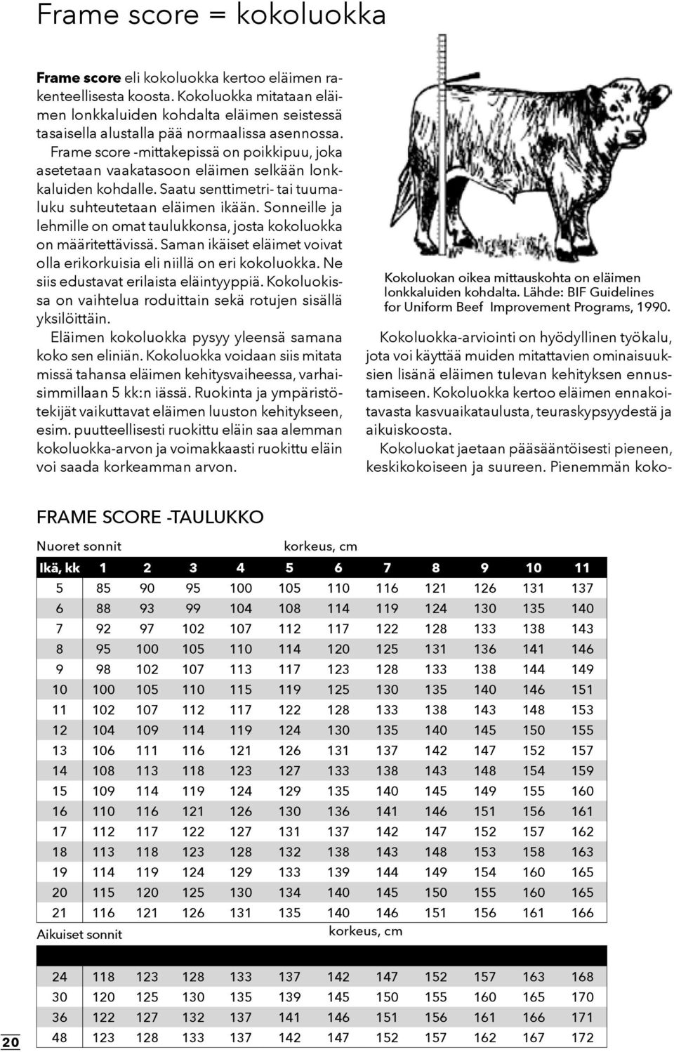 Frame score -mittakepissä on poikkipuu, joka asetetaan vaakatasoon eläimen selkään lonkkaluiden kohdalle. Saatu senttimetri- tai tuumaluku suhteutetaan eläimen ikään.