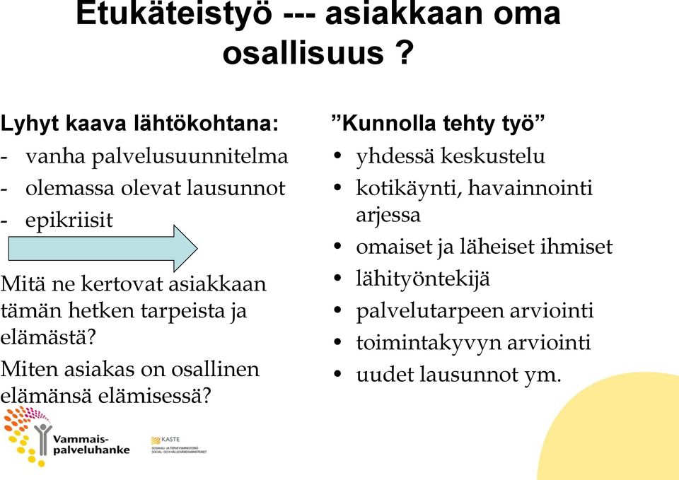 kertovat asiakkaan tämän hetken tarpeista ja elämästä? Miten asiakas on osallinen elämänsä elämisessä?