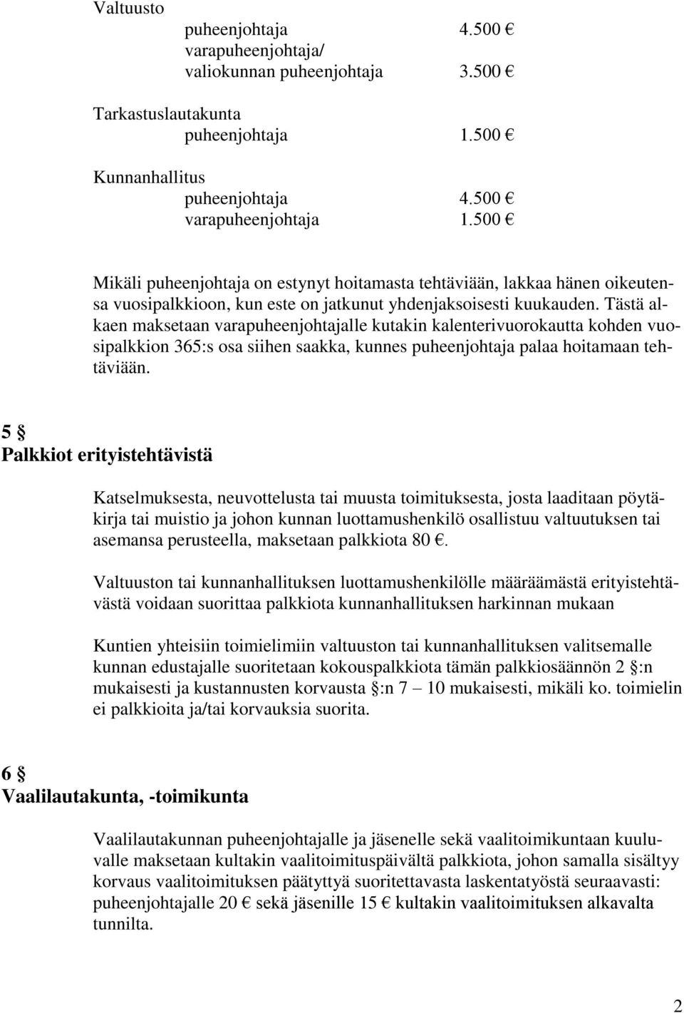 Tästä alkaen maksetaan varapuheenjohtajalle kutakin kalenterivuorokautta kohden vuosipalkkion 365:s osa siihen saakka, kunnes puheenjohtaja palaa hoitamaan tehtäviään.