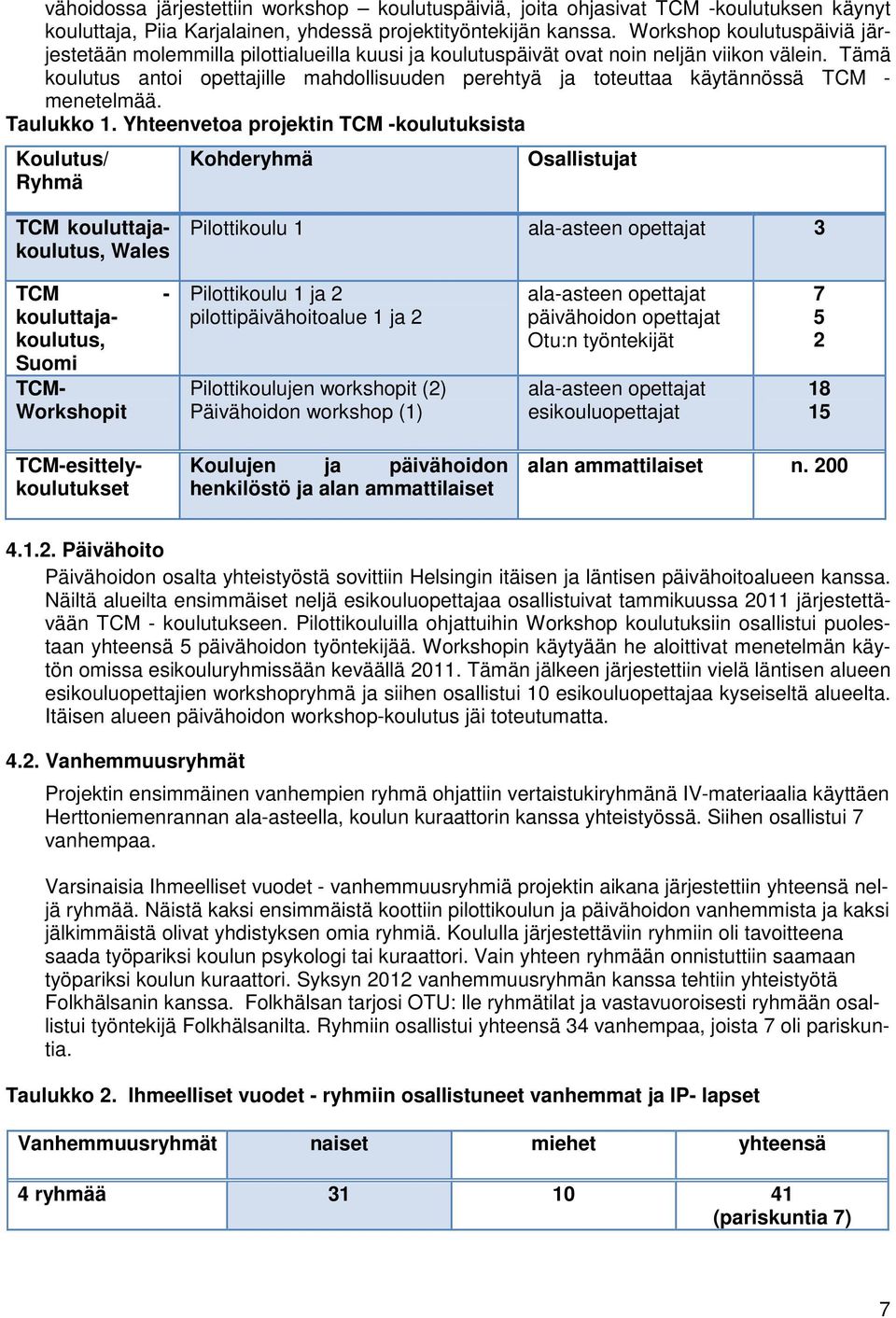 Tämä koulutus antoi opettajille mahdollisuuden perehtyä ja toteuttaa käytännössä TCM - menetelmää. Taulukko 1.