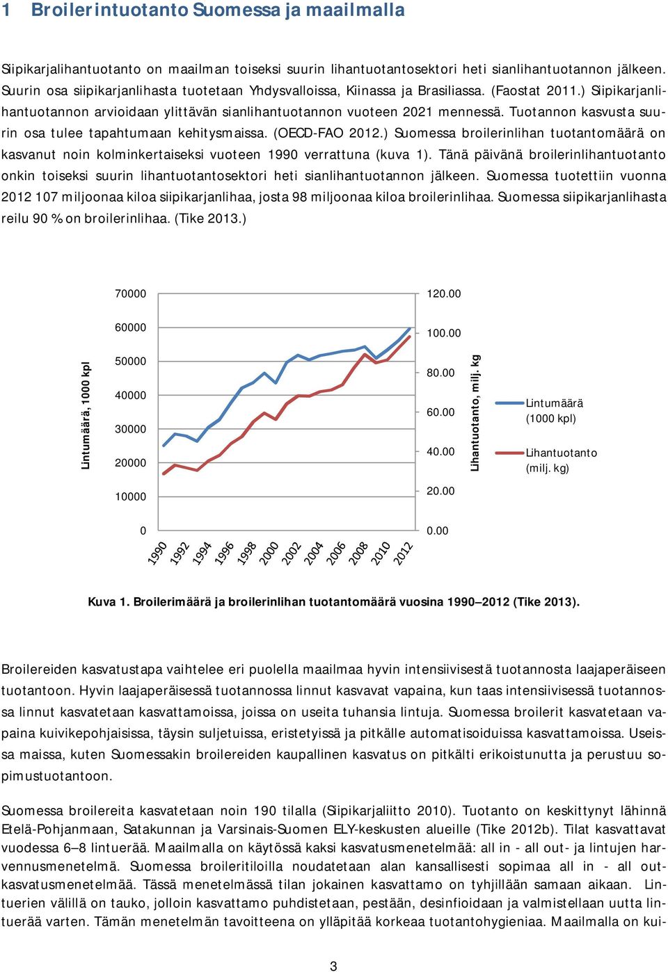 Tuotannon kasvusta suurin osa tulee tapahtumaan kehitysmaissa. (OECD-FAO 2012.) Suomessa broilerinlihan tuotantomäärä on kasvanut noin kolminkertaiseksi vuoteen 1990 verrattuna (kuva 1).