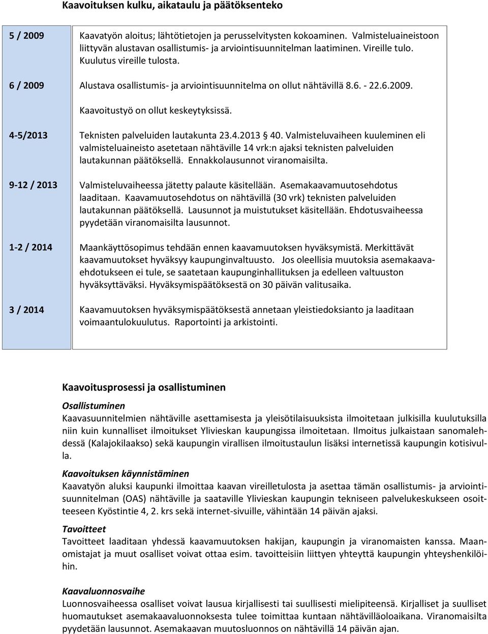 Alustava osallistumis- ja arviointisuunnitelma on ollut nähtävillä 8.6. - 22.6.2009. Kaavoitustyö on ollut keskeytyksissä. 4-5/2013 9-12 / 2013 1-2 / 2014 3 / 2014 Teknisten palveluiden lautakunta 23.