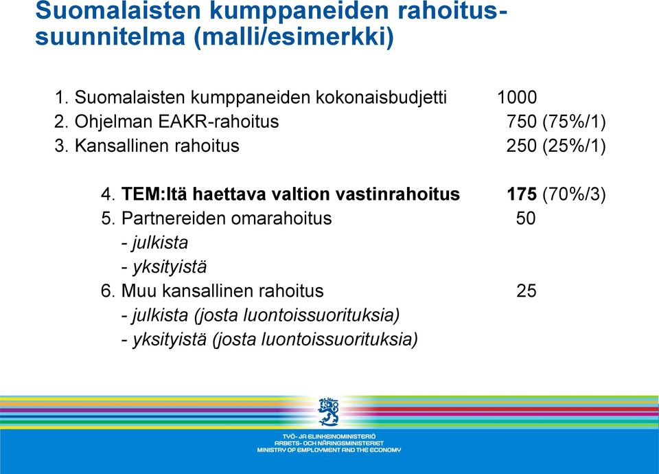 Kansallinen rahoitus 250 (25%/1) 4. TEM:ltä haettava valtion vastinrahoitus 175 (70%/3) 5.