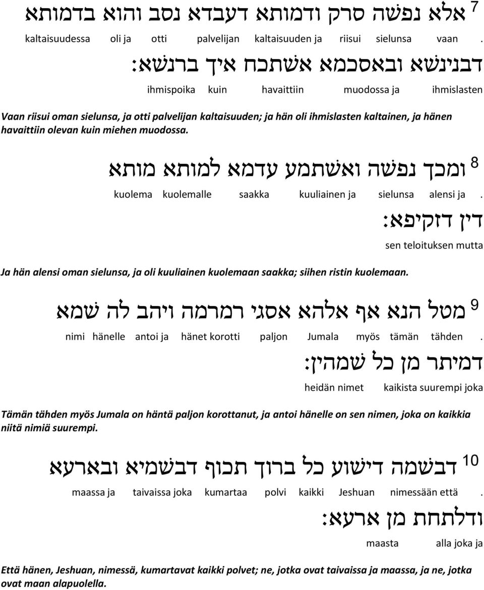 olevan kuin miehen muodossa. ומכך נפ שה וא שתמע עדמא למותא מותא kuolema kuolemalle saakka kuuliainen ja sielunsa alensi ja.